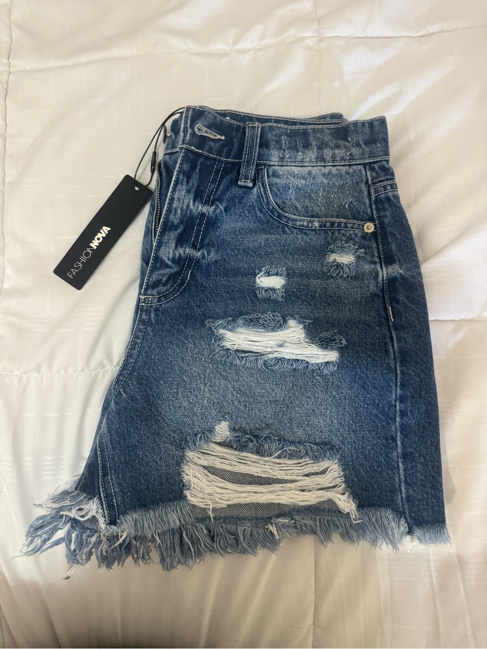 Fashion Nova Distressed Dark Blue Denim Jean Shorts